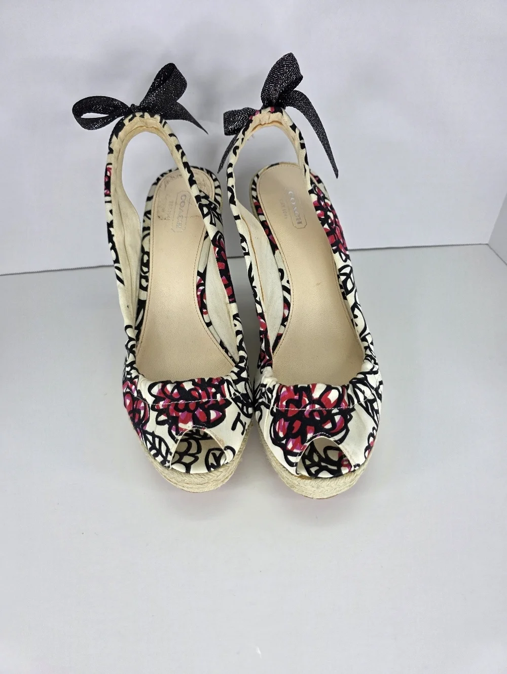 Coach Women's Maritza Wedge Espadrilles Multicolor Floral Bow Tye Back Size 9.5B